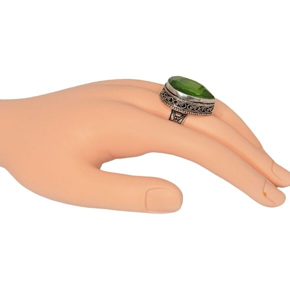 925 Sterling Silver Green Crystal Large Statement Ring Sz 8.5 Turkish Ethnic - Picture 6 of 16
